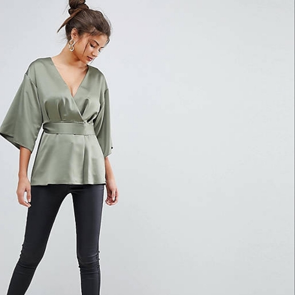 NWOT | Asos Design Women's Green Satin V-neck Wrap Tied Kimono Blouse | US 8 - Picture 3 of 10